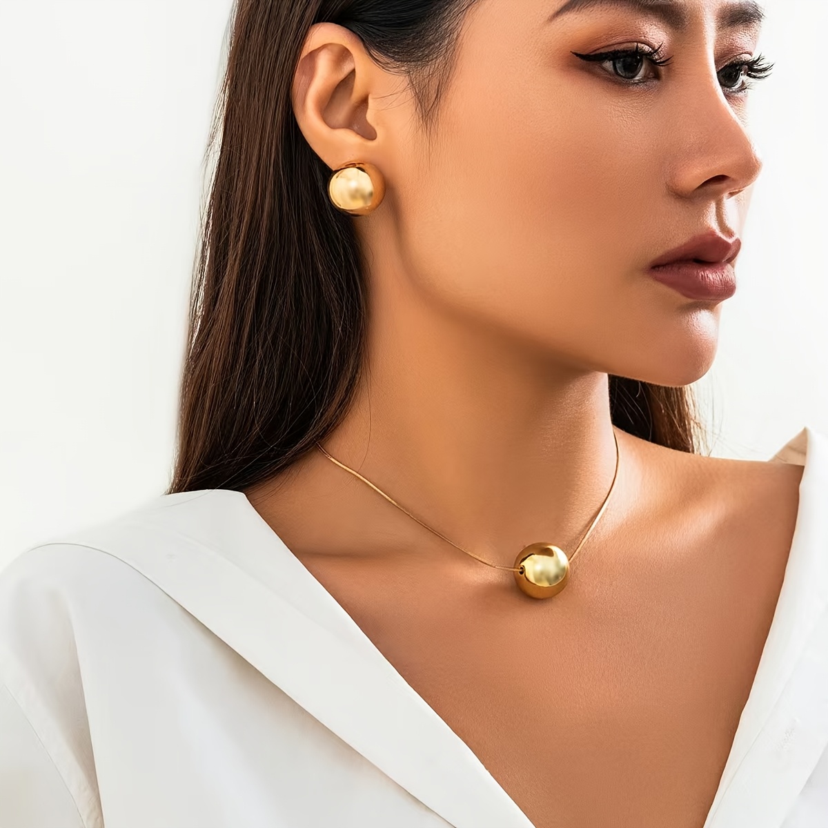 TEMU 2pcs Set Of Easy Modern Fashion Thin Snake Bone Chain With Golden Spherical Decorative Pendant Necklace Ear Studs, Suitable For Daily Wear And