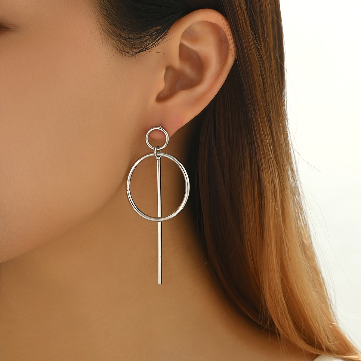 European American Round Ring Long Bar Earrings