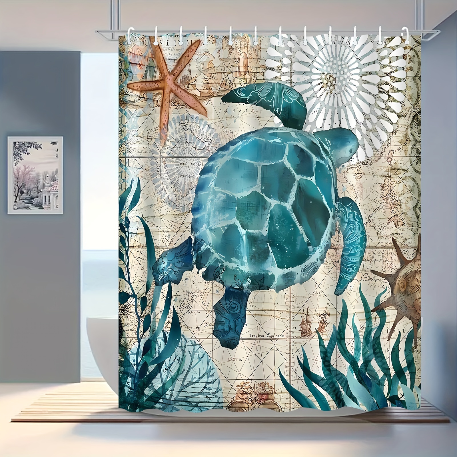 

1pc Turtle Pattern, Suitable For Home Bathroom Decoration, Waterproof,, With 12 Hooks Polyester Fabric, Bathroom Partition, Room Decoration, Machine Wash Windows Bathroom Decoration