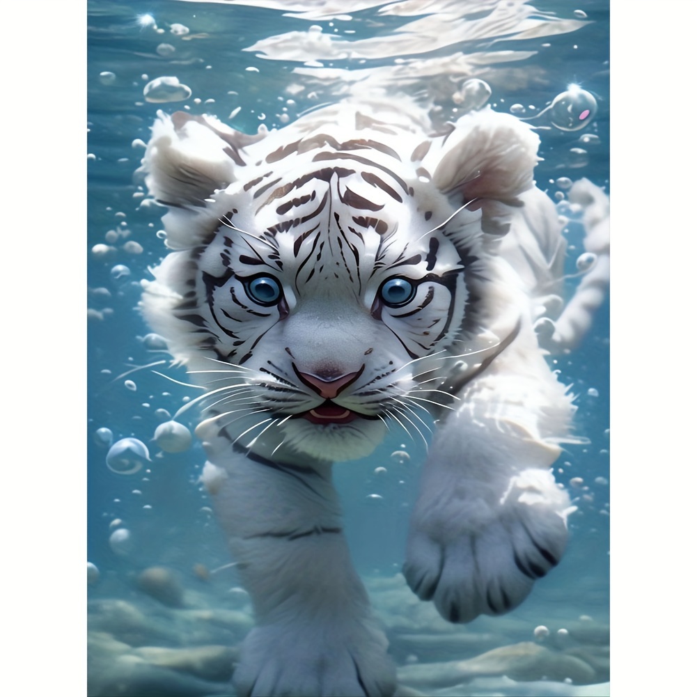 

5d Diy Diamond Painting Kit For Beginners And Adults, Underwater White Tiger Design, Canvas Material, Frameless, Ideal For Living Room Decor And Handmade Craft Gift