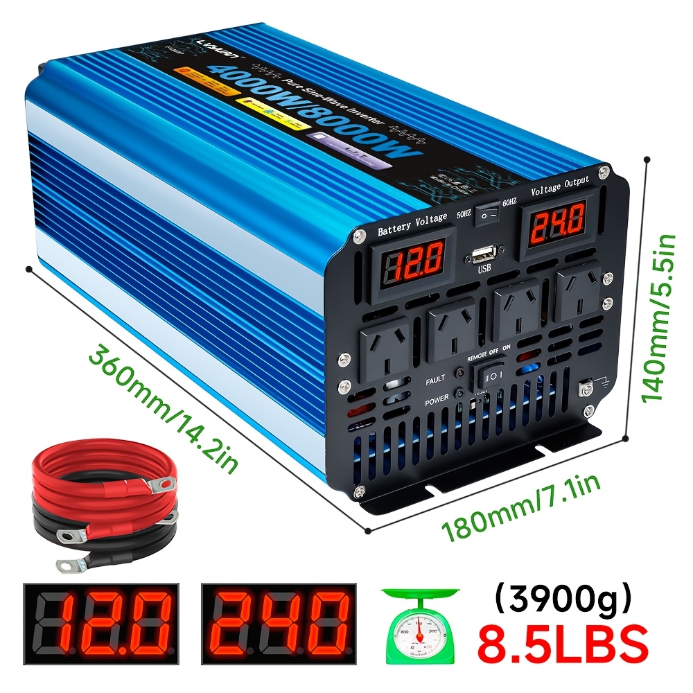 TEMU Lvyuan 1x 8000w () Pure Sine Inverter, 4000w Car Inverter, 12v To 220v-240v, 24v To 220v-240v, 50/60hz Switchable + Lcd Display, Remote Control