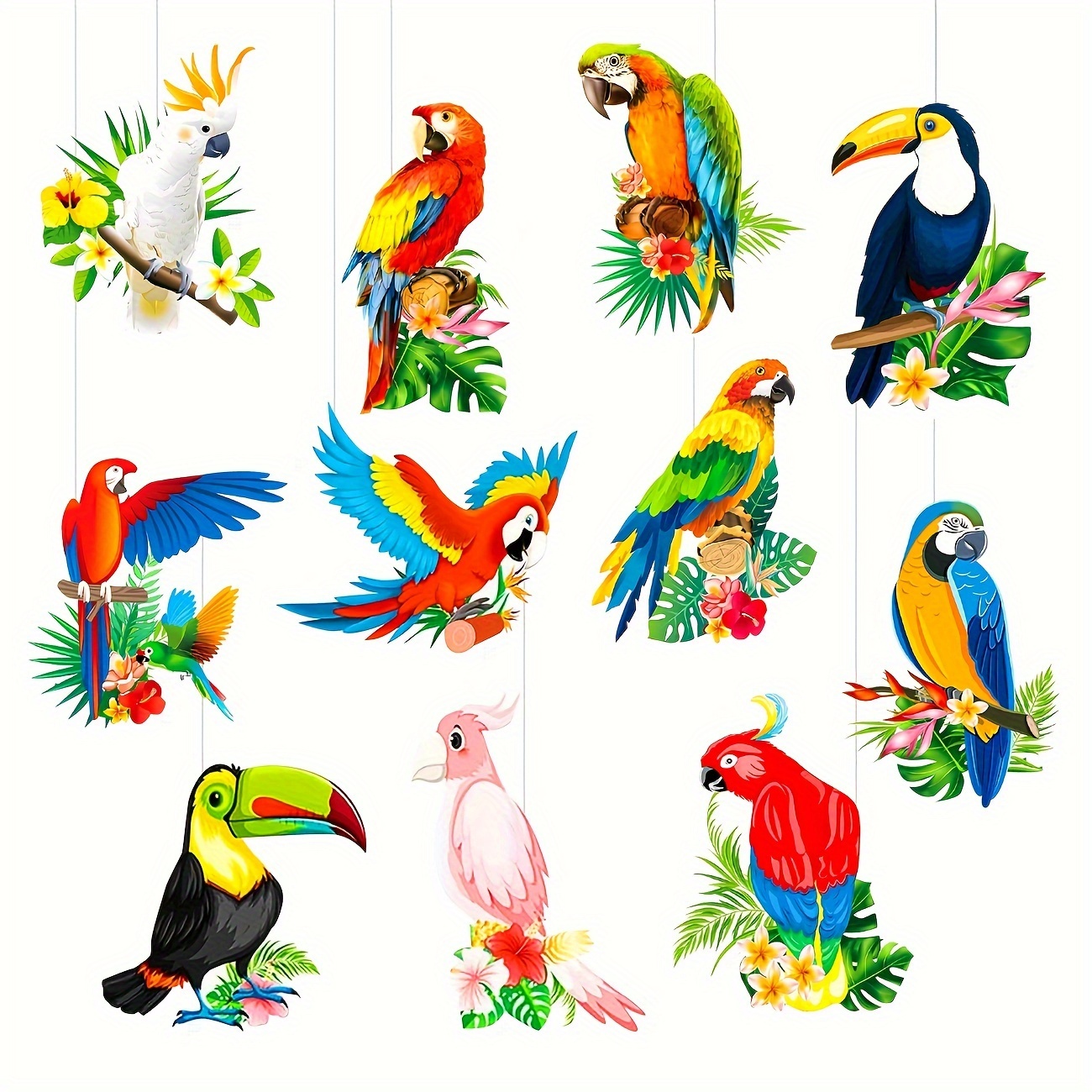 

11-piece Tropical Birds Honeycomb Paper Cutouts - Vibrant Parrot Design For Hawaiian Luau, Beach Parties & Bar Decor