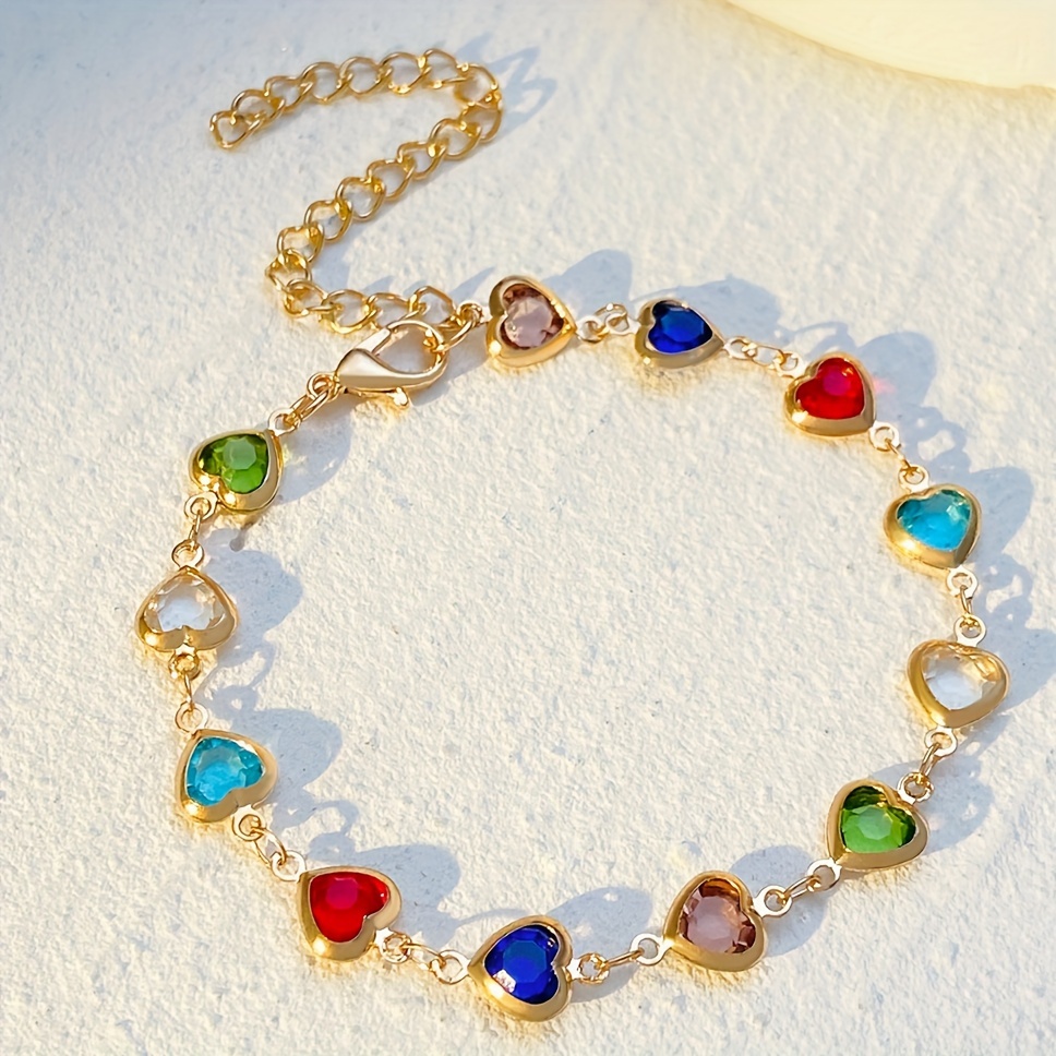 Elegant Golden-Tone Colorful Heart Zirconia Charm Bracelet Alloy with  Clasp, Multicolor Gemstone Beads for Women'* Wear