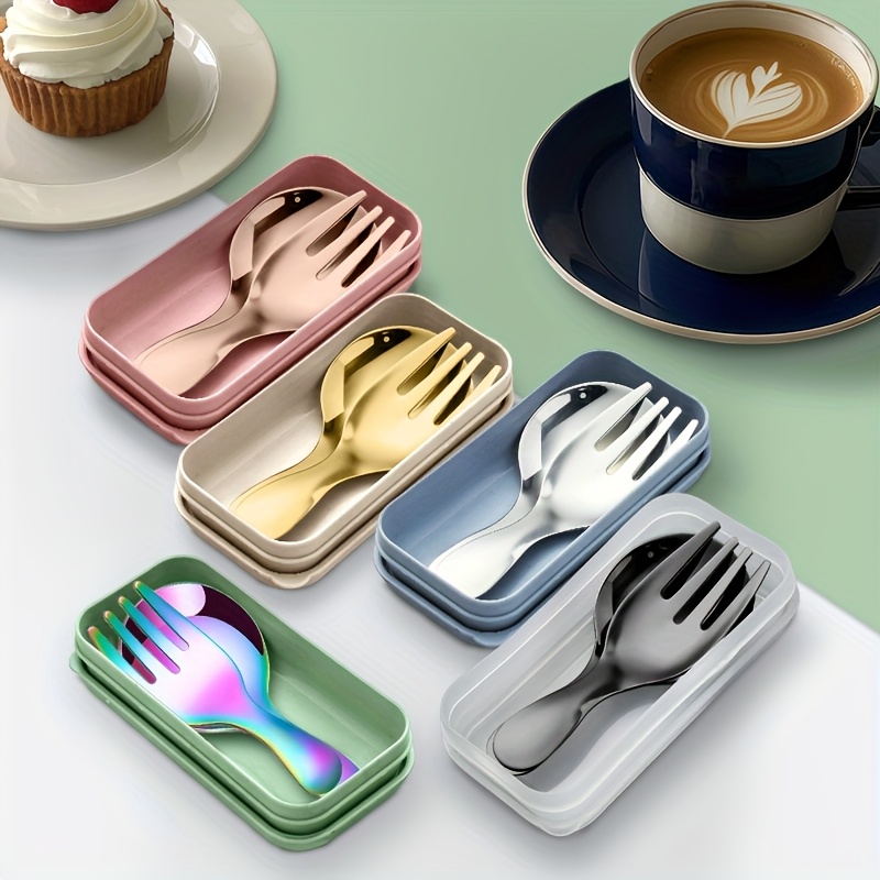 3pcs stainless steel   set with colorful lid boxes portable durable and easy   for coffee tea desserts and fruits   outdoor camping travel and office use multiple colors     vibrant lid boxes durable utensils coffee accessories