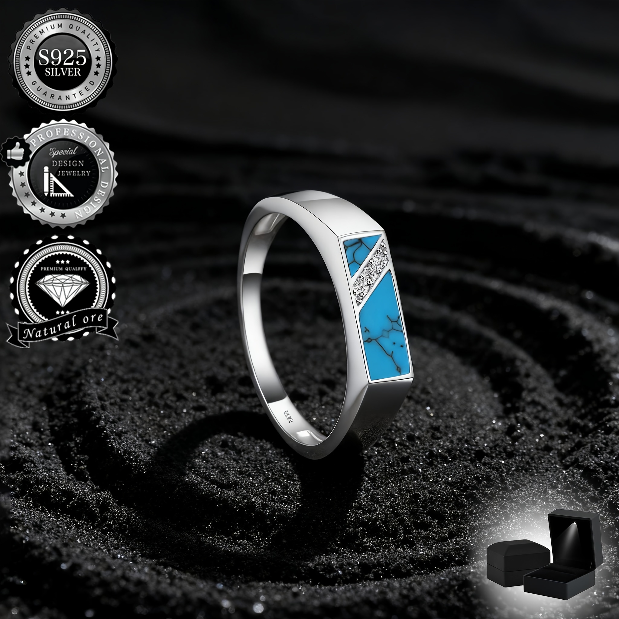 Image of S925 925 Silvery Plated Ring, Sleek Rectangular Turquoise& Sparkling Accents, Modern , Hypoallergenic, Ideal For Daily Wear, Holiday Gifting, Perfect For Men, Boyfriend, Father( With Gift Box)
