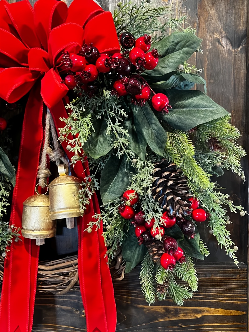 Large Rustic Farmhouse Christmas Wreath with Golden Bells, Red Berries & Pine Cones - Heavy-Duty Plastic /Outdoor Door Hanging Decoration, Burgundy Bow & Green Foliage for Front Door, Mantel, Year-Round Holiday Décor (Golden/Green)