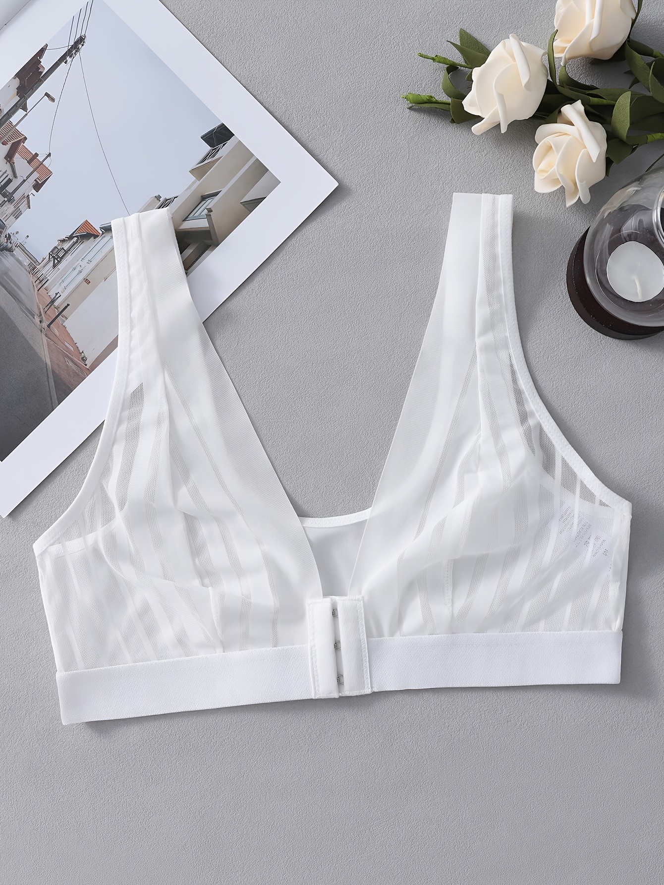 Gestreepte mesh push-up bh met sluiting aan de voorkant