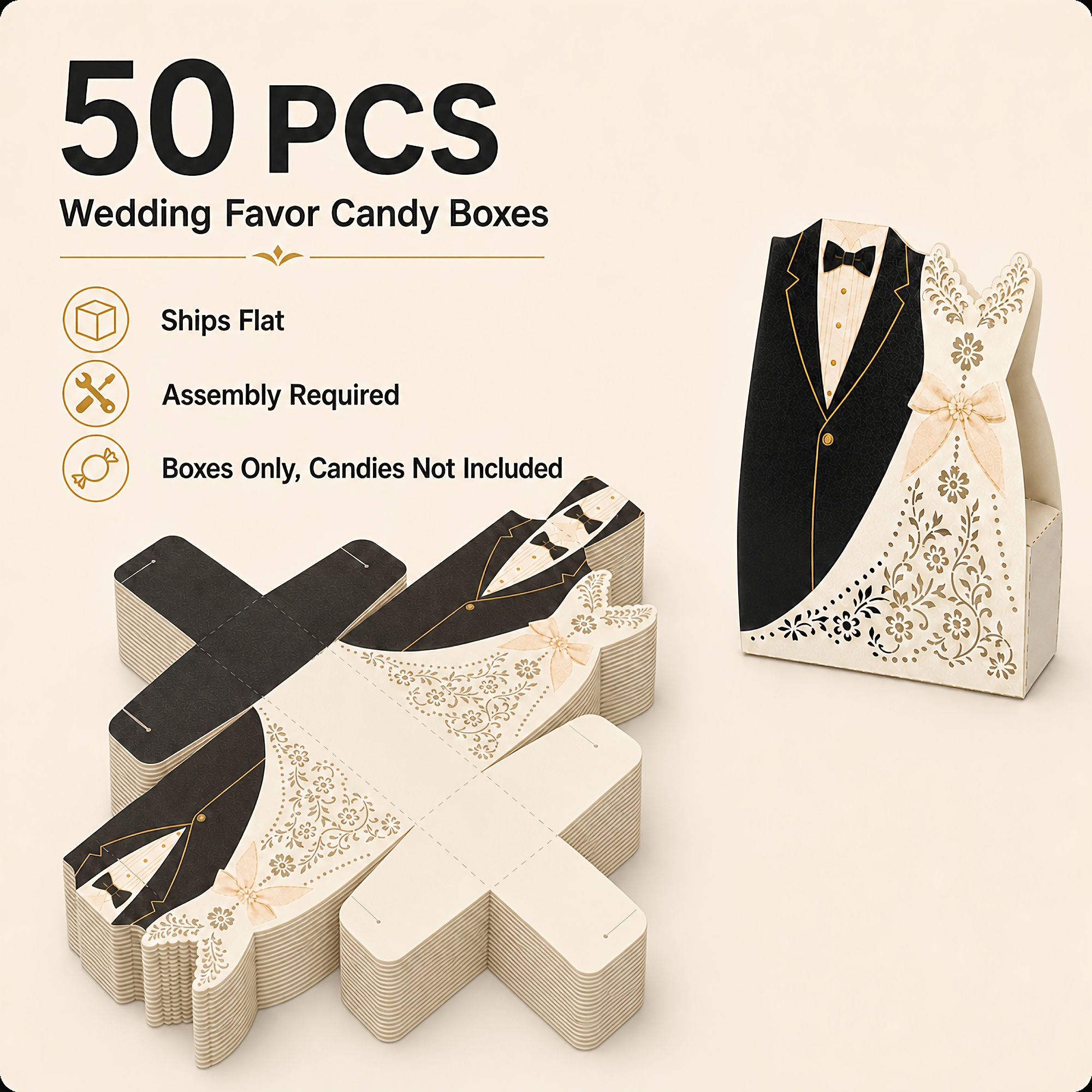 TEMU 25/50pcs Cadeaux de Mariage Ajourés Découpés au Laser Boîtes à Bonbons, Design de Tenue de Couple et Robe avec Floraux Découpés, Boîtes Cadeaux