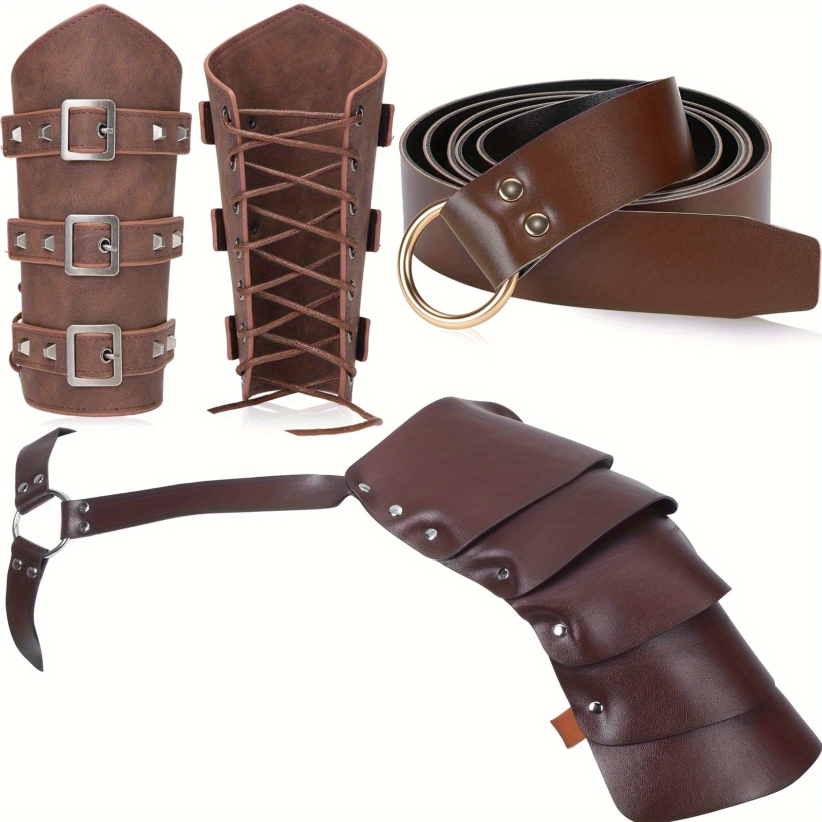 TEMU 3pcs Halloween Renaissance Accessories Medieval Costume Belt Leather Shoulder Armor Arm Guards For Men Women Adults Cosplay Brown