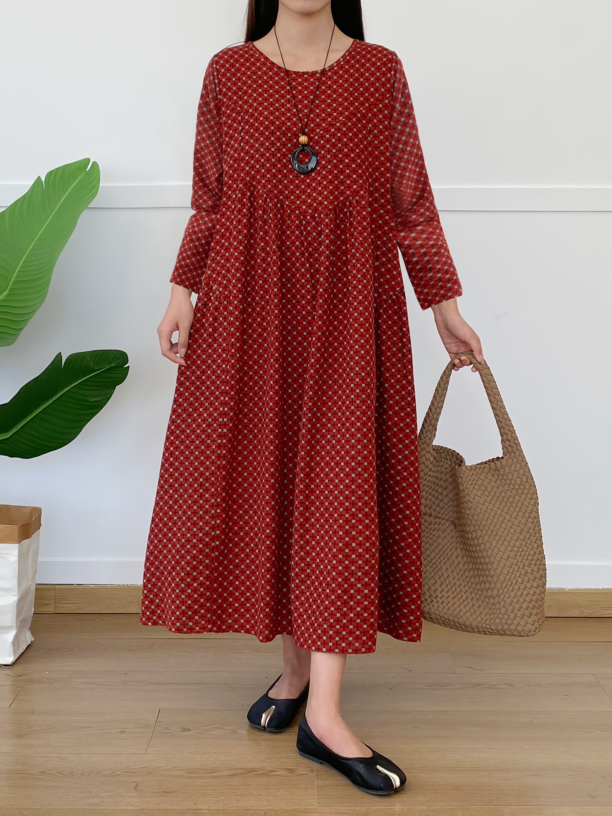 womens vintage linen dress long sleeve crew neck pocket Temu Greece