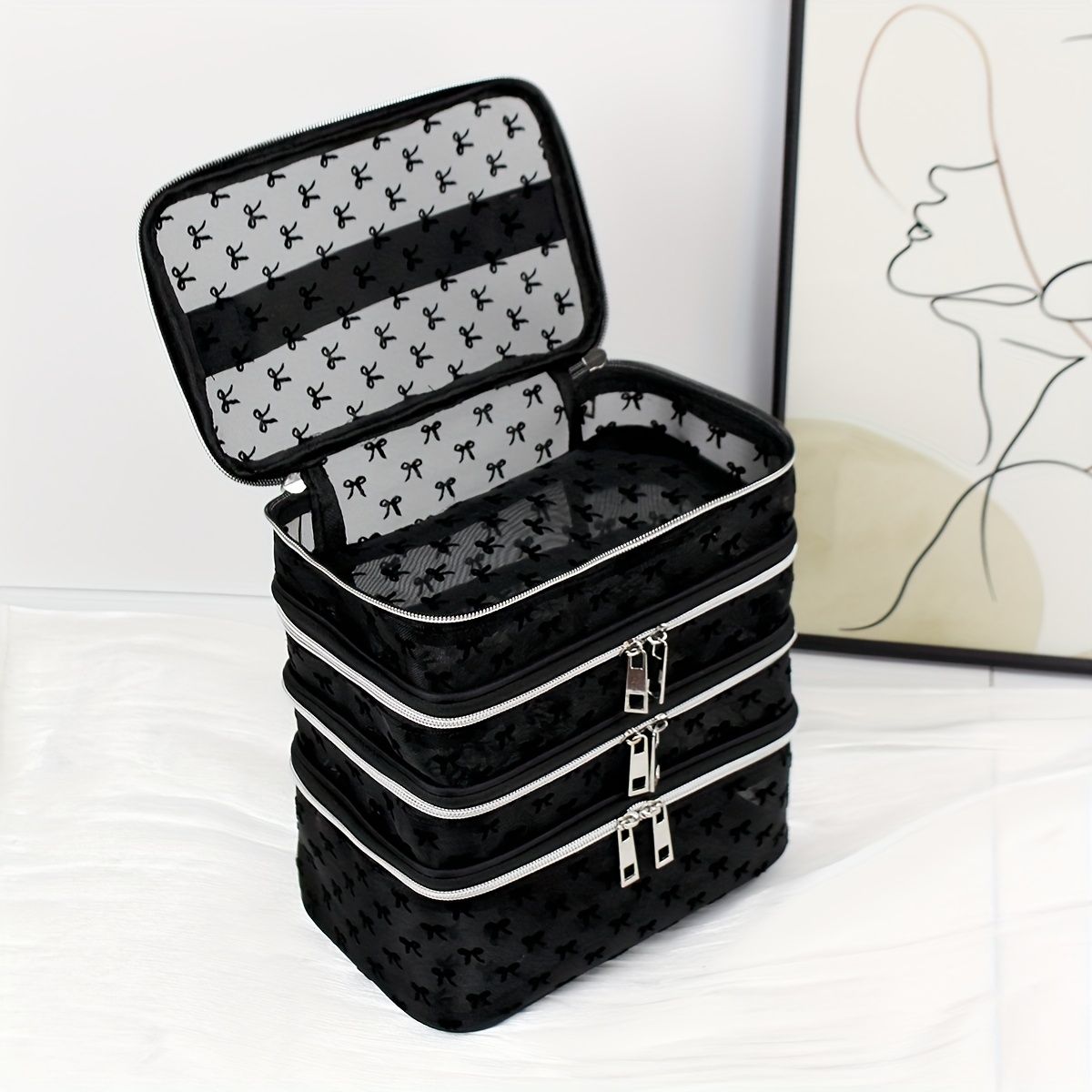 E-shop Mesh, Schleifenmuster, Minimalistisches Schwarz, Große Kapazität, Multifunktionale 4-lagige Make-up-Tasche, Handliche Multi-Pocket Praktische