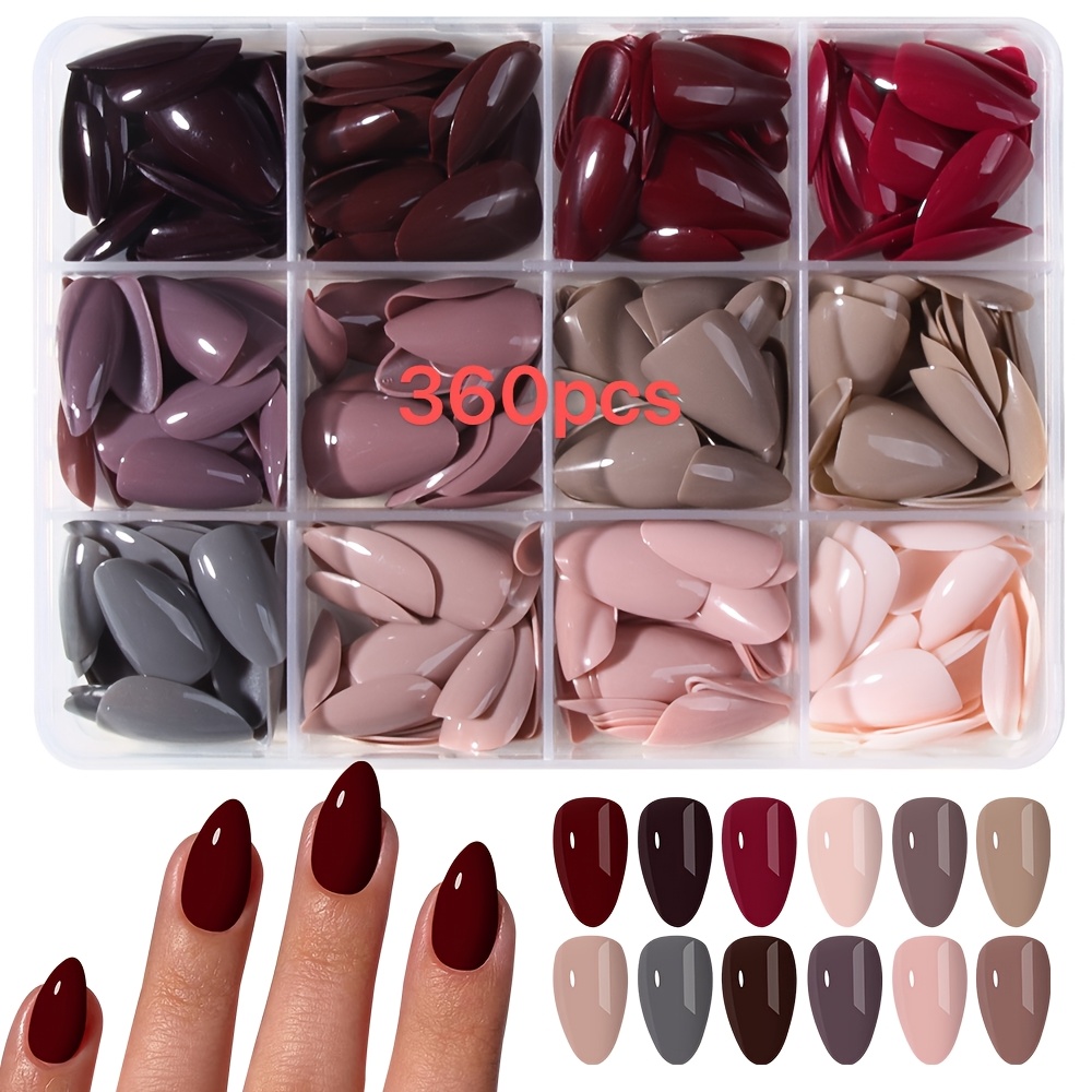 TEMU 360pcs Short Almond Press-on Nails Suitable For Nail - 12 Colors Full Coverage Nude, Milk Tea & Gray Tones With Short Lengths, Glossy Fake Nails