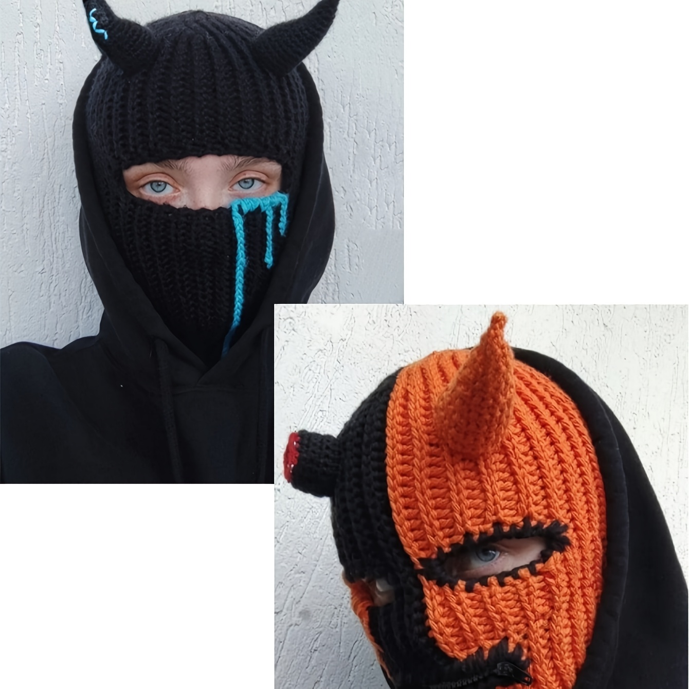 2pcs set mens funny horned hat mask headband knit cap autumn - Temu