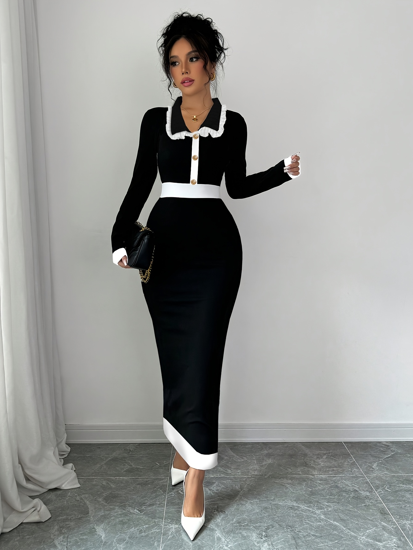 elegant polyester bodycon midi dress solid color knit fabric with waterfall collar and button details for women black 0