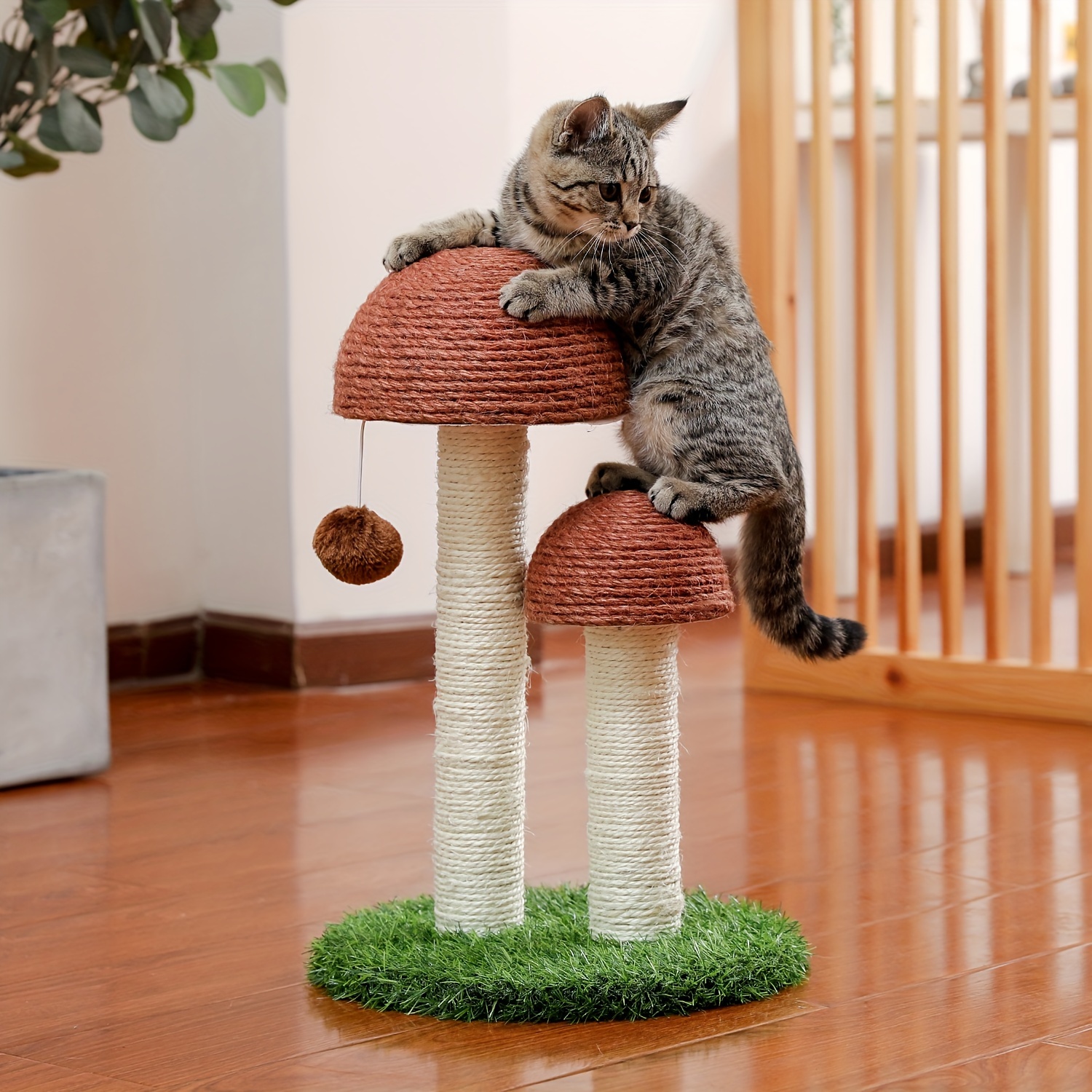 

18.9 Inch Cat Scratching Post For Indoor, Scratcher With Natural Sisal Scratching Poles And Interactive Toy Ball For Kittens, Small Cats Brown