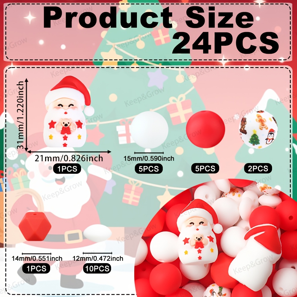 TEMU 24pcs Cute Santa Claus 3d Silicone Beads Set Perfect For Pens Beaded Making Handicrafts Christmas Theme Decorations Beads Accessories Creative