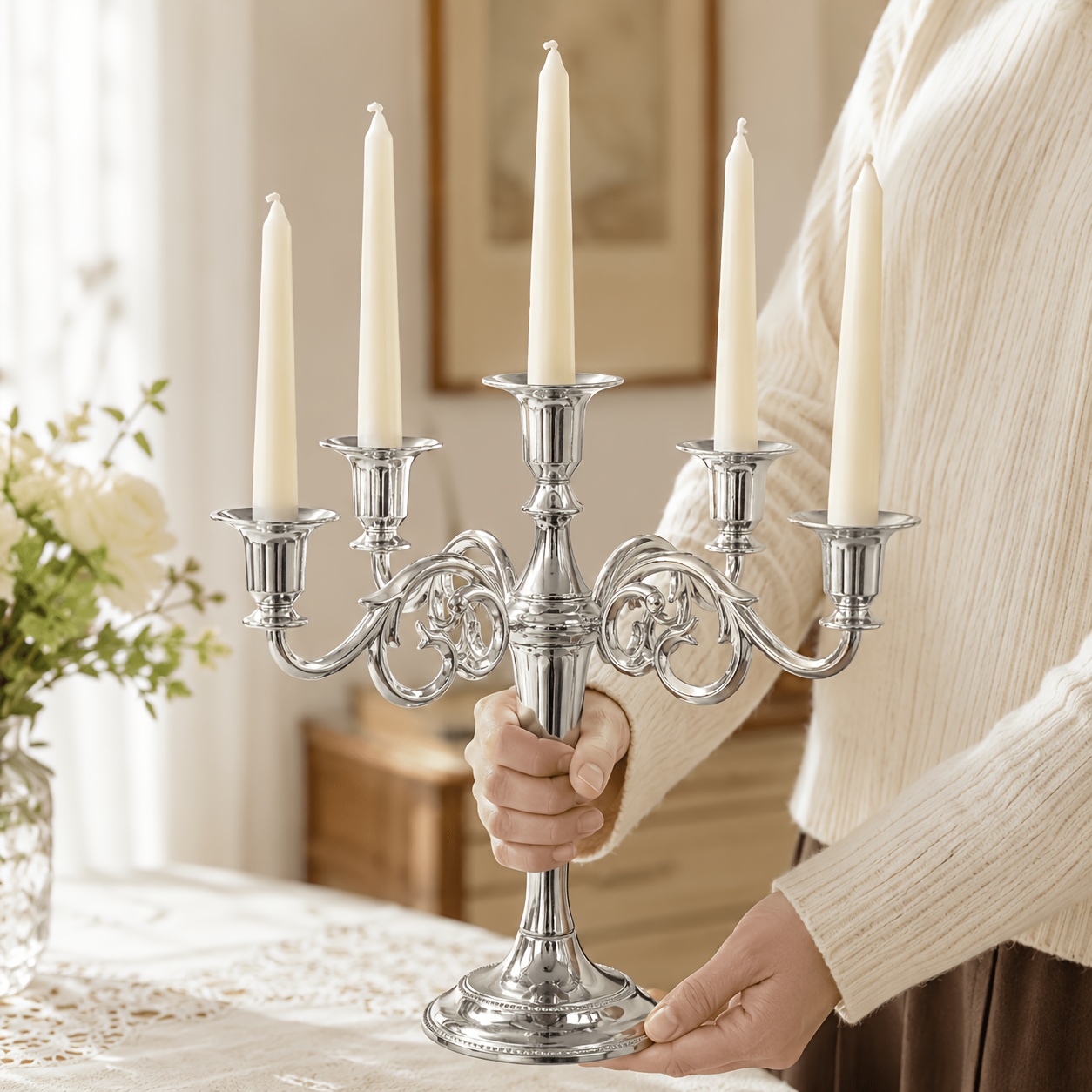 TEMU Silvery 5-arm Candelabra Candle Holder, Elegant 5-light Taper Candle Stand Centerpiece For Wedding Table, Dining Room, Party, Holiday, Mantel &