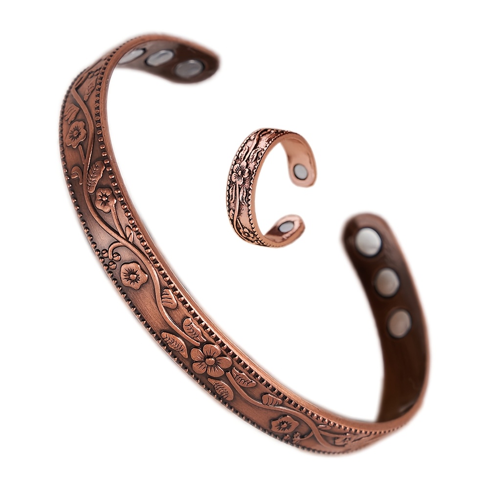 Vintage Copper Flower Bracelet and Ring Set, Adjustable