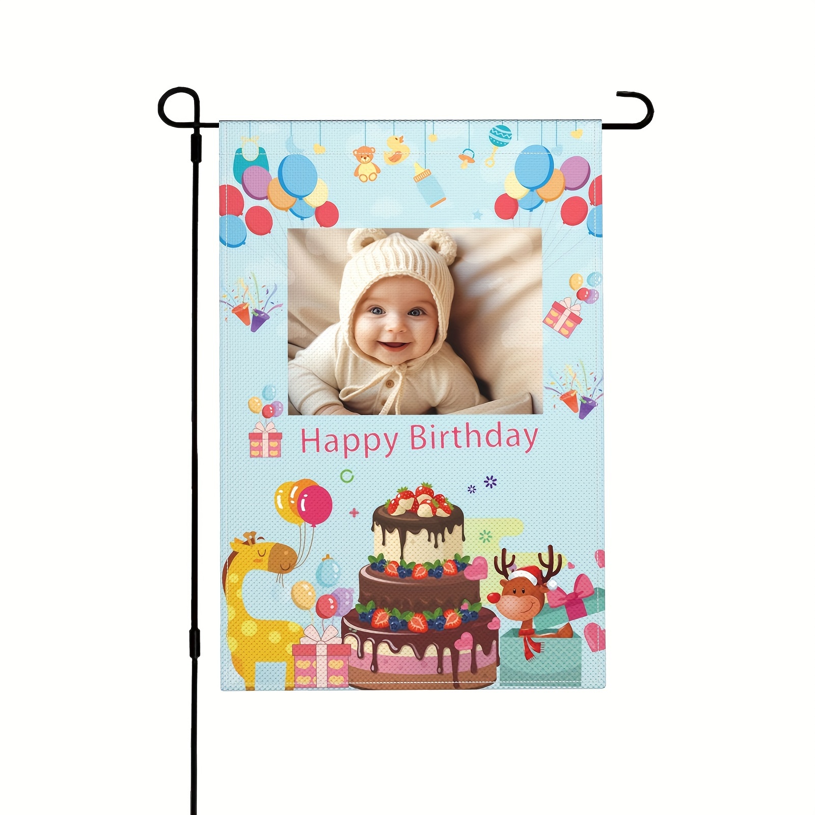 

1pc, Cartoon Balloon Cake Birthday Custom Photo Gift Flag, Custom Photo Flag Decoration,happy Personalized Garden Flag,indoor And Outdoor Decorative Flags,18×12 Inchl (no Metal Brace)