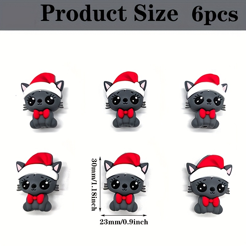 Image of Set Of 6 Silicone Beads, Featuring A 3d Design Of A Grey Kitten For Christmas, Perfect For Crafting Your Own Jewelry And For Everyday Decorative Presents