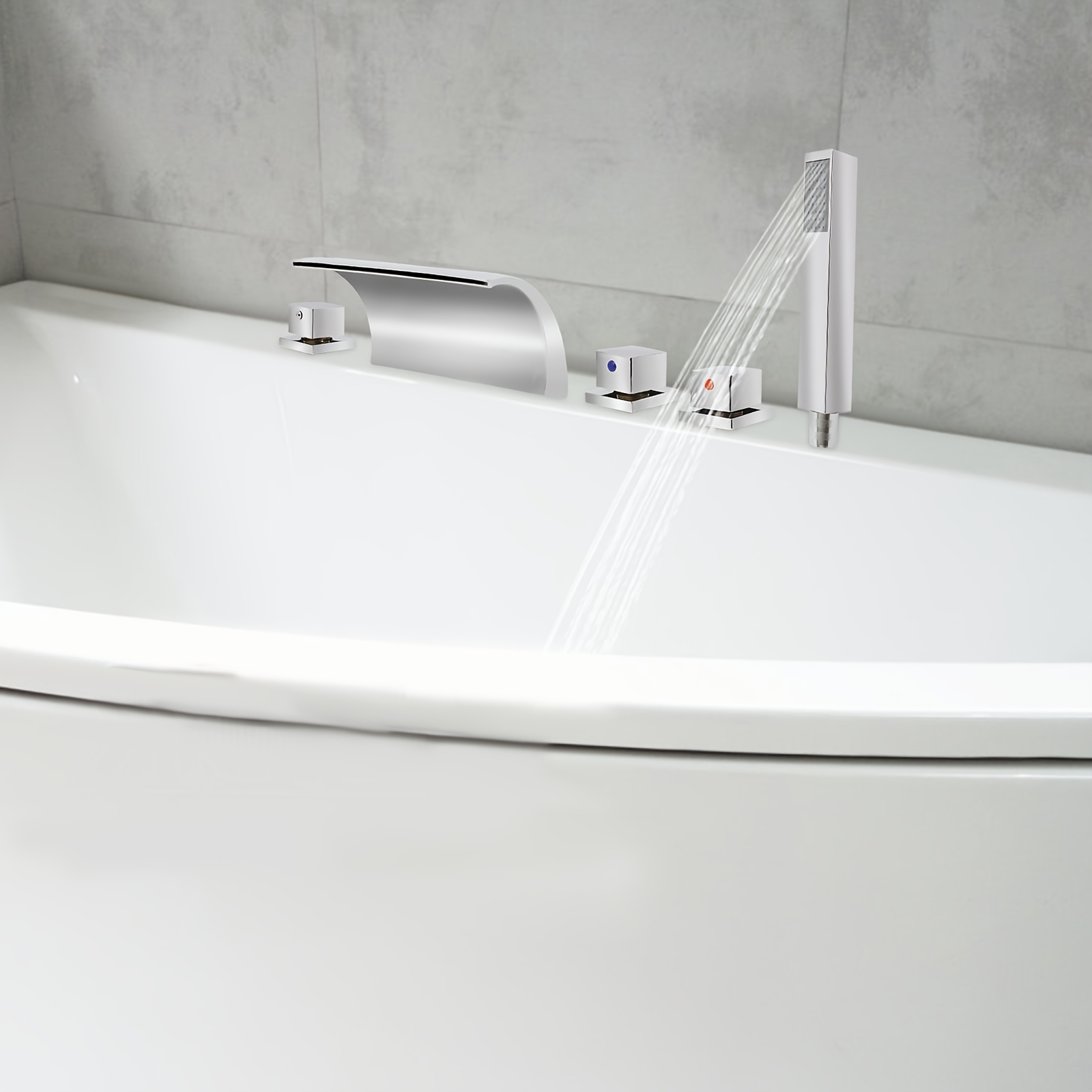 5 Hole Bathroom Bathtub Waterfall Chrome Mixer Tap & Hand Shower