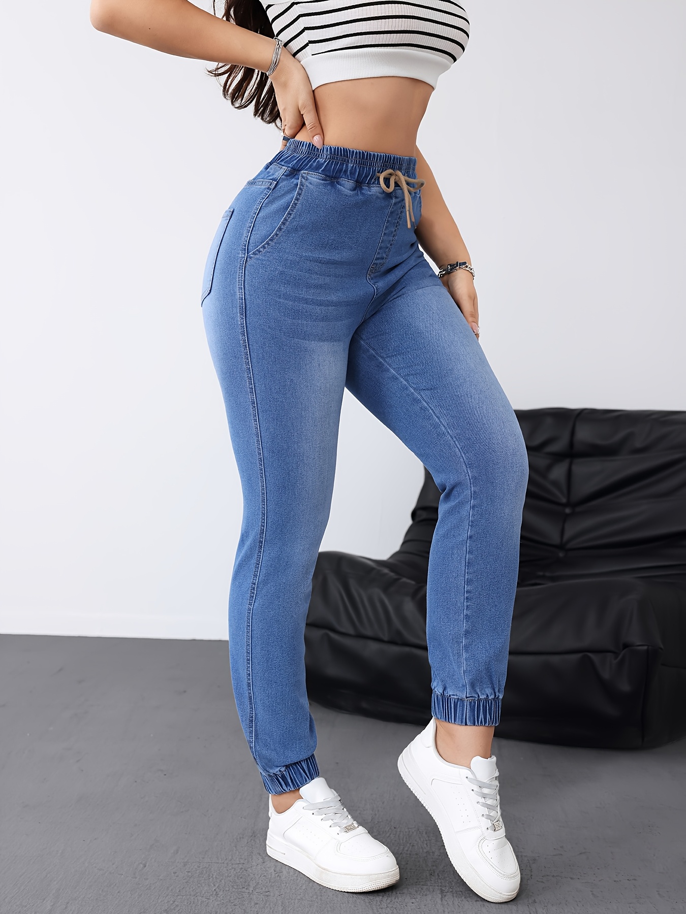 women's high waisted stretch denim joggers elastic Temu South Africa