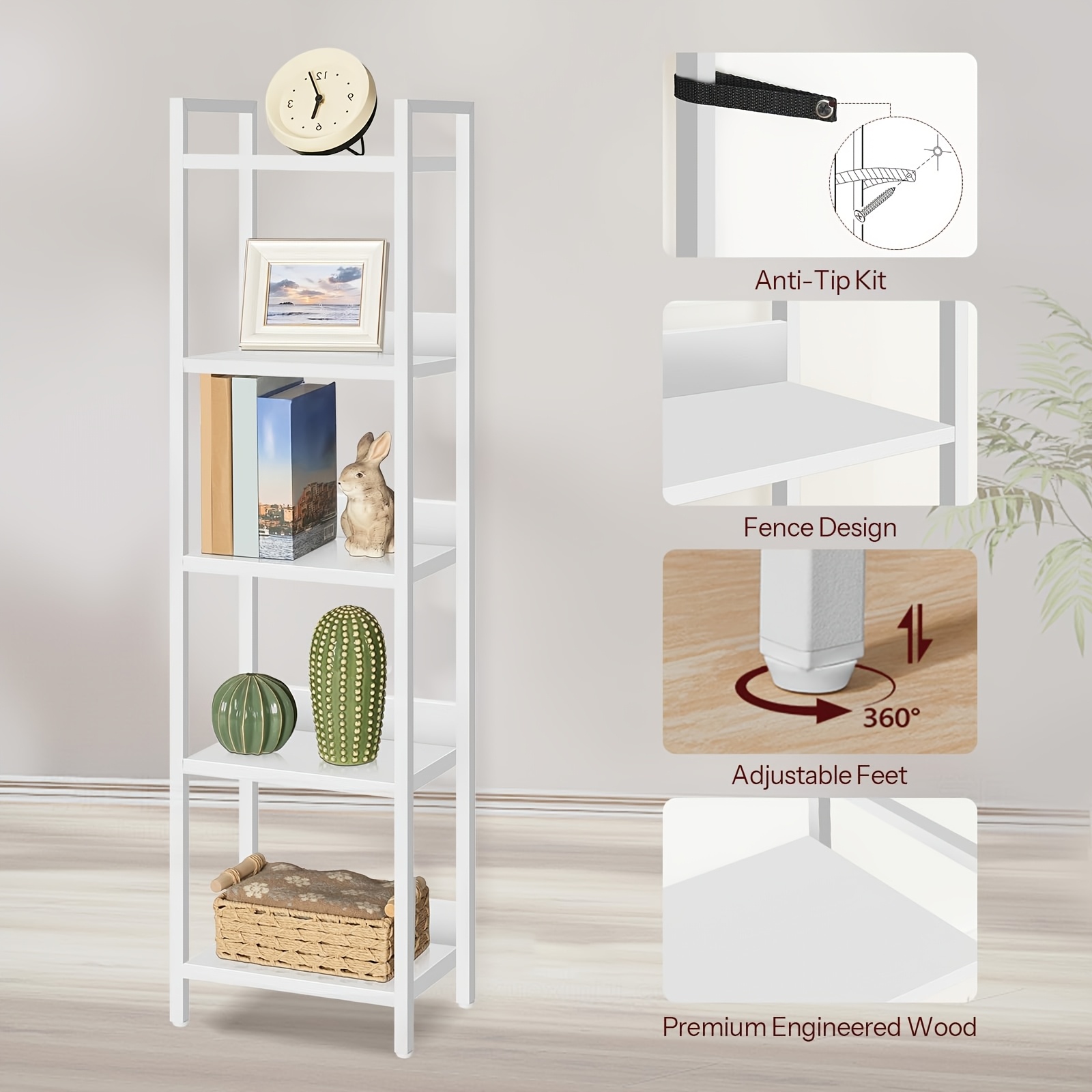 Image of 5/6 Tier Rotating Bookshelf, Freestanding Corner Book Shelf With Layered Dividers, Display Rack, White & Brown For Living Room Bedroom Home Office