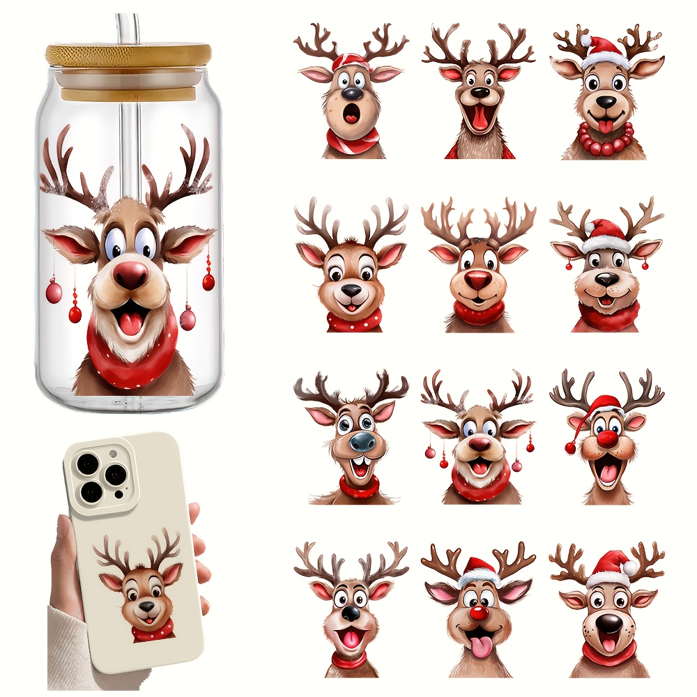 Image of 12pcs Christmas Reindeer Theme Rub On Transfer Stickers Vinyl Decals Set - Versatile & Durable For Furniture, Glass, Wood Diy Home &