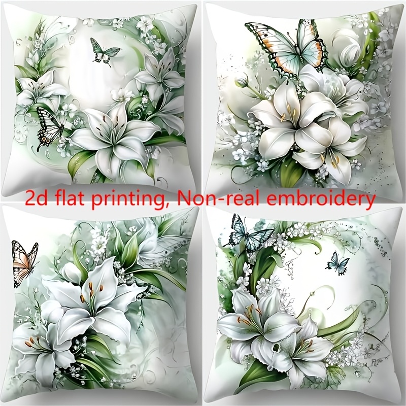 TEMU Lot de 4 taies d'oreiller à impression 2D à plat, broderie réelle, sur le thème avec motif de couronne de fleurs et de papillons, 17,72 x 17,72