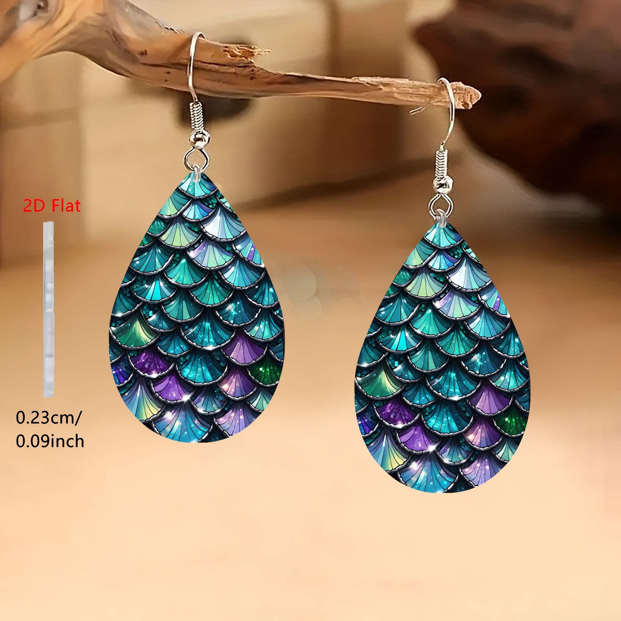 TEMU 2d Flat, 2d Flat - 1 Pair Women's Fashion Dangle Earrings, Elegant And With Colorful Fish Scale Pattern, Steel Ear Hooks With Acrylic, Suitable