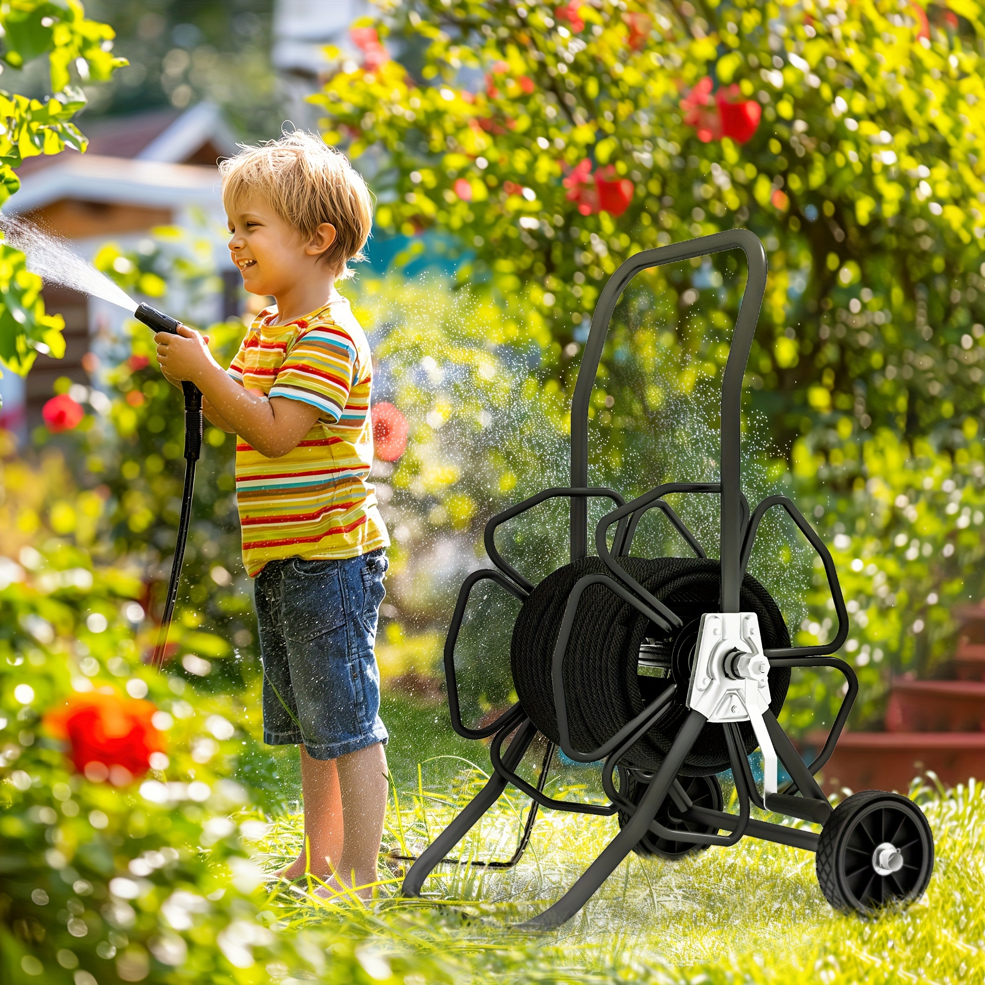 

Outsunny Garden Hose Reel Cart, Hold Up To 98' Of 5/8" Hose (hose Not Included), Portable Water Hose Cart With Wheels For Yard, Lawn, Black