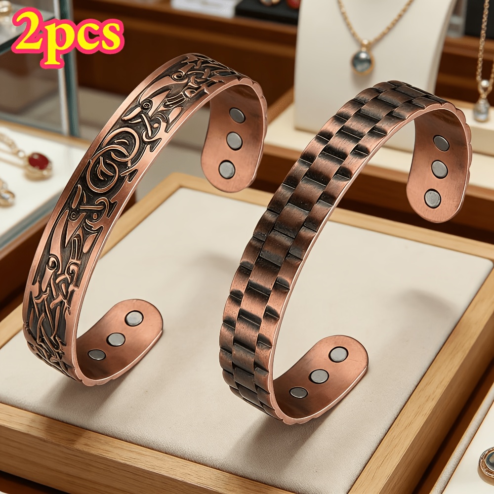 TEMU 2-pack, Strong Magnetic Of - Adjustable Solid Copper Bangle, Exquisite Celtic , Unisex Jewelry Gift, Polished