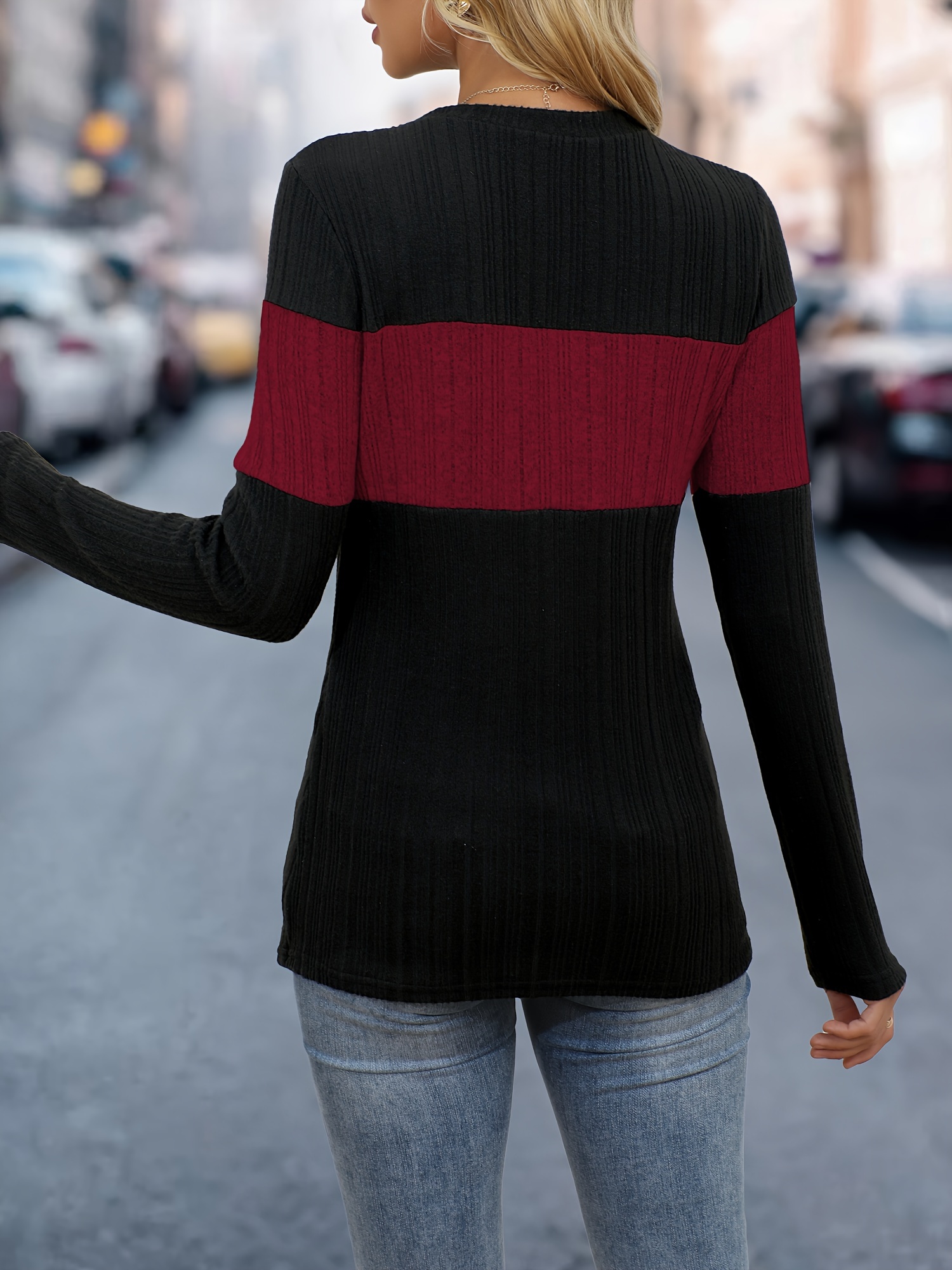 Women'S Elegant Color Block Crew Neck Top, 95% Polyester 5% Elastane Knit Fabric, Regular Length, Solid Pattern, Fall/Winter Fashion, 160g/m? Weight