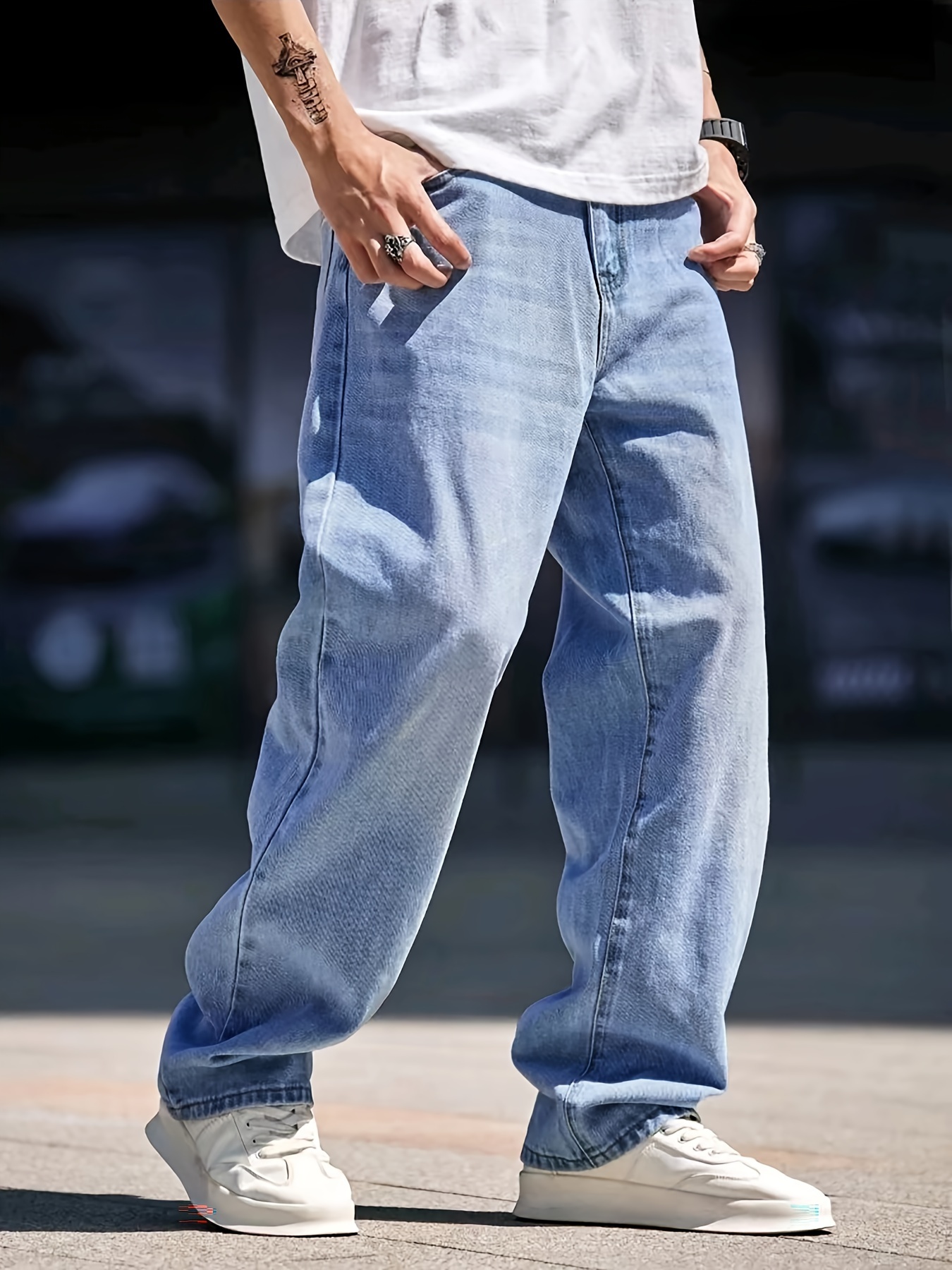 Wide Leg Cotton Jeans Men's Casual Street Style Solid Color - Temu