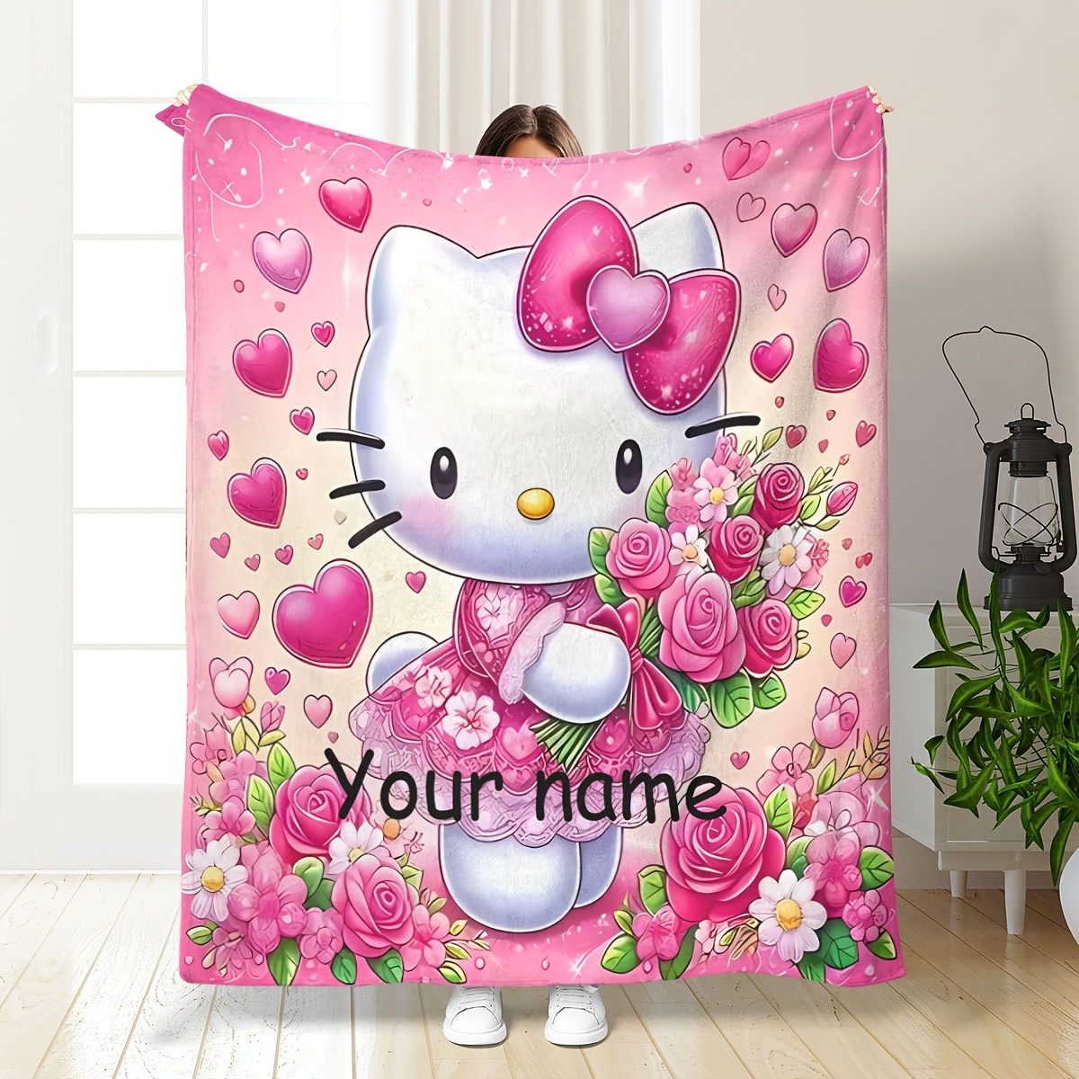 

Customizable Sanrio Hello Kitty Fleece Blanket - Soft & Cozy, 3d With Pink Roses & Hearts, For Bed, Sofa, Office, Travel, Camping - Personalized Name Option, Easy To Carry