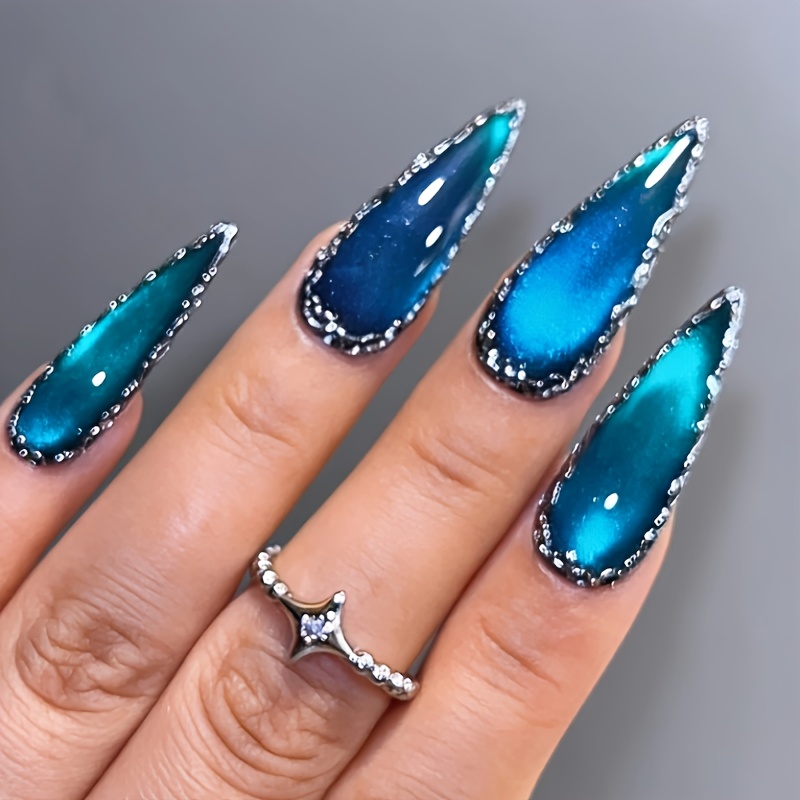 TEMU 24pcs Long Almond-shaped Fake Nails Suitable For - Blue Cat Eye Glitter Nail Tips With Detachable Press- Patches, Extensions For Parties, Daily