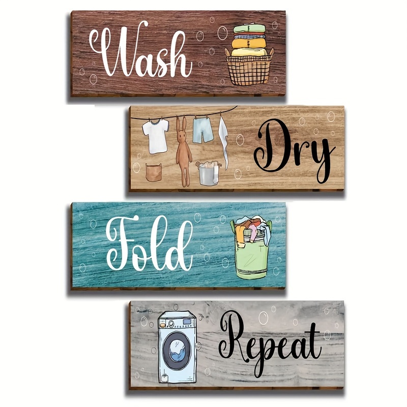 

4 Pcs Wooden Laundry Room Rules Wall Sign Set - Rustic Farmhouse Wash Dry Fold Repeat Decorative Plaques