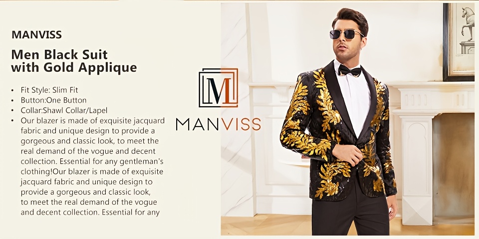 men suit 2pcs black golden sequins notched lapel single - Temu