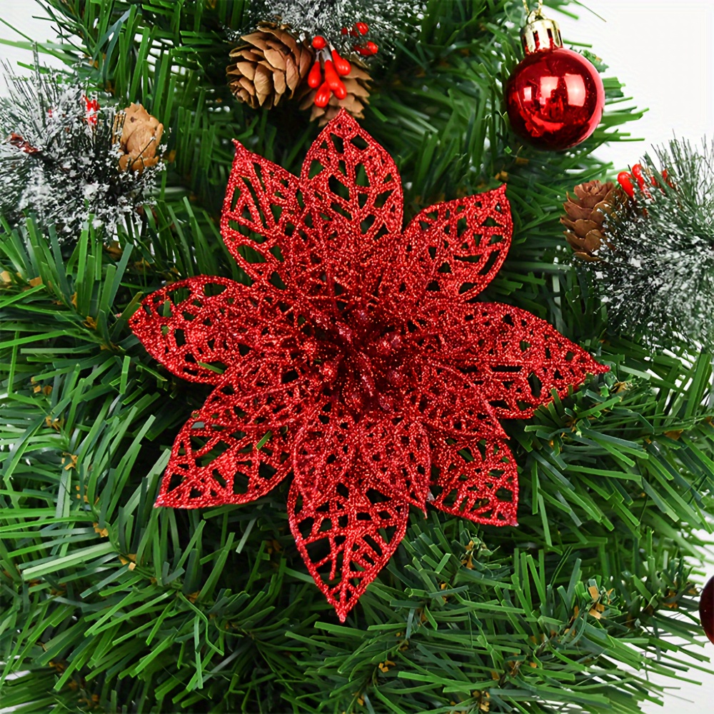 TEMU 6pcs Kelzero 6" Mini Bohemian Christmas Flowers - Multicolor Hollow With Golden Glitter, Plastic Holiday Ornaments For Tree & Wreath Decoration,