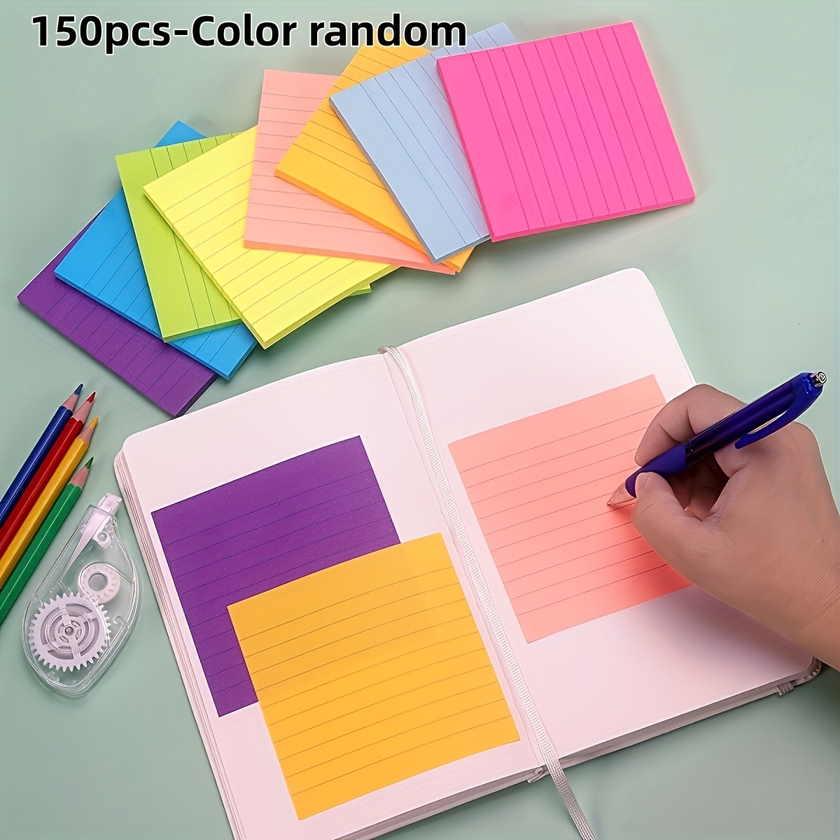 TEMU 3pcs Of 150pcs Random Color Sticky Notes, 50 Sheets Per Pad, Vibrant Striped Memo Pads With Strong Adhesive, School Supplies, Study Essentials,