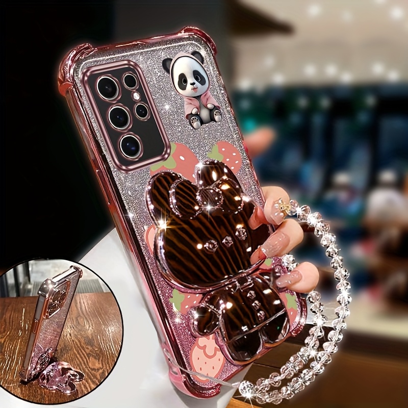 TEMU Phone Case: Fashion Shiny Wrist Strap Cute Panda Glitter Phone Holder Case On Compatible With Galaxy S25 Ultra Anti-knock Shock Proof Back Cover