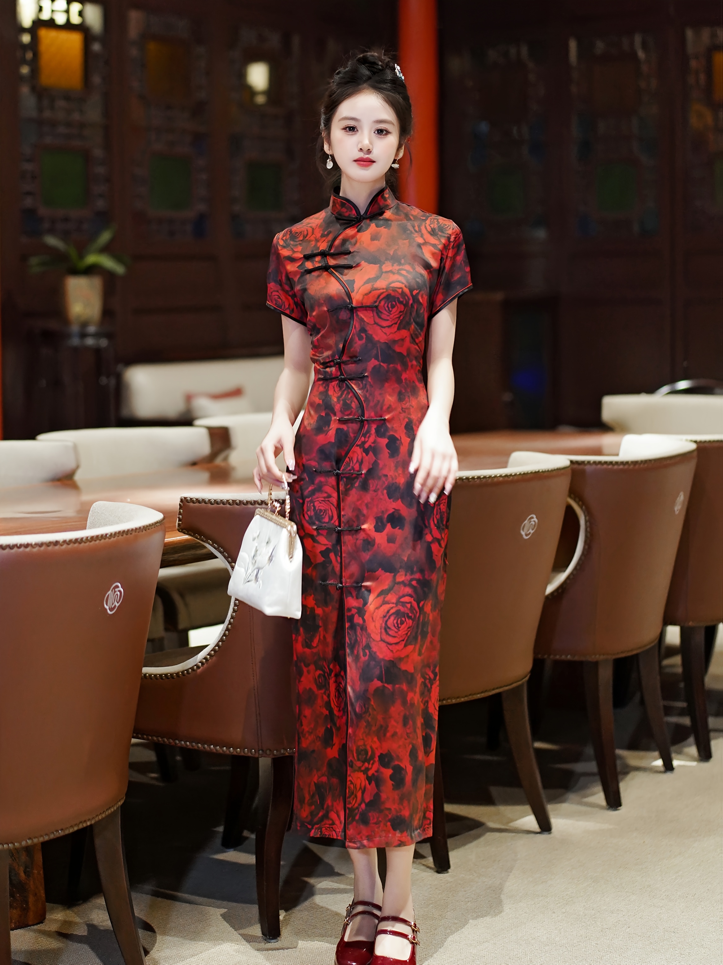 elegant mandarin collar dress Elegant Black White Mandarin-Collar Pearl Embroidered Evening Dress XD028