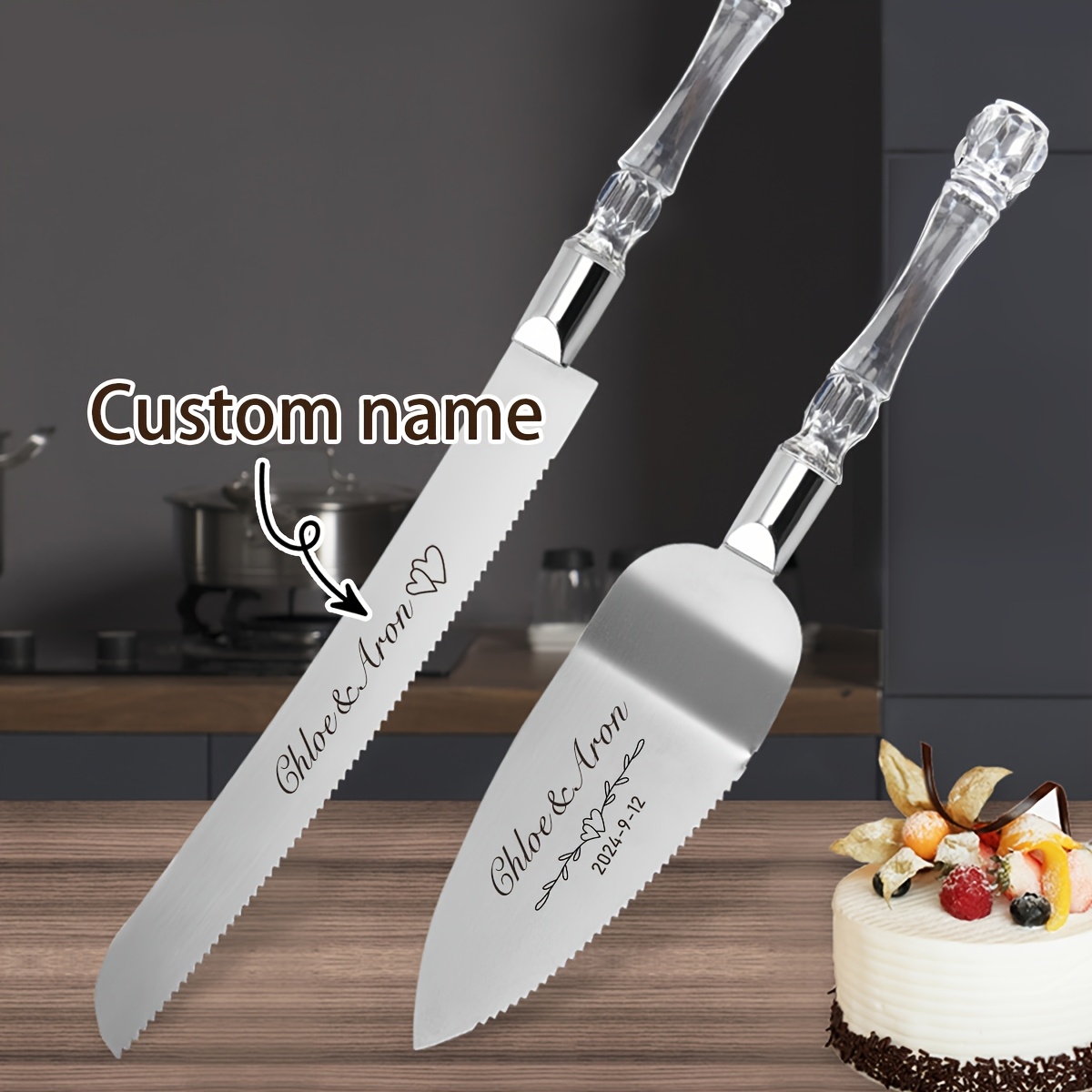 2pcs custom cake cutting set for wedding personalized name cake cutter customized crystal handle cake cutter customizable wedding gifts anniversary birthday gifts bride and groom bridesmaids