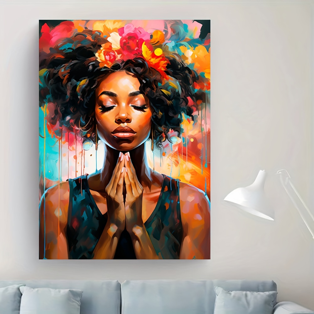 

Modern Abstract Canvas Wall Art - Frameless Vibrant Floral Afro Woman Painting, 31.49 X 47.24 Inches, Contemporary Decorative Poster For Bedroom And Living Room - White, No Electricity Needed