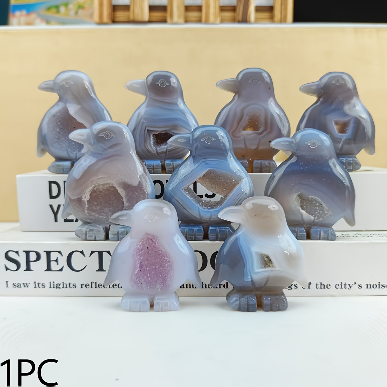 Image of Agate Geode Carving Of A Crystal, Penguin Figurines For Decoration, Jewelry For , And Casual Ornaments For Home Decor