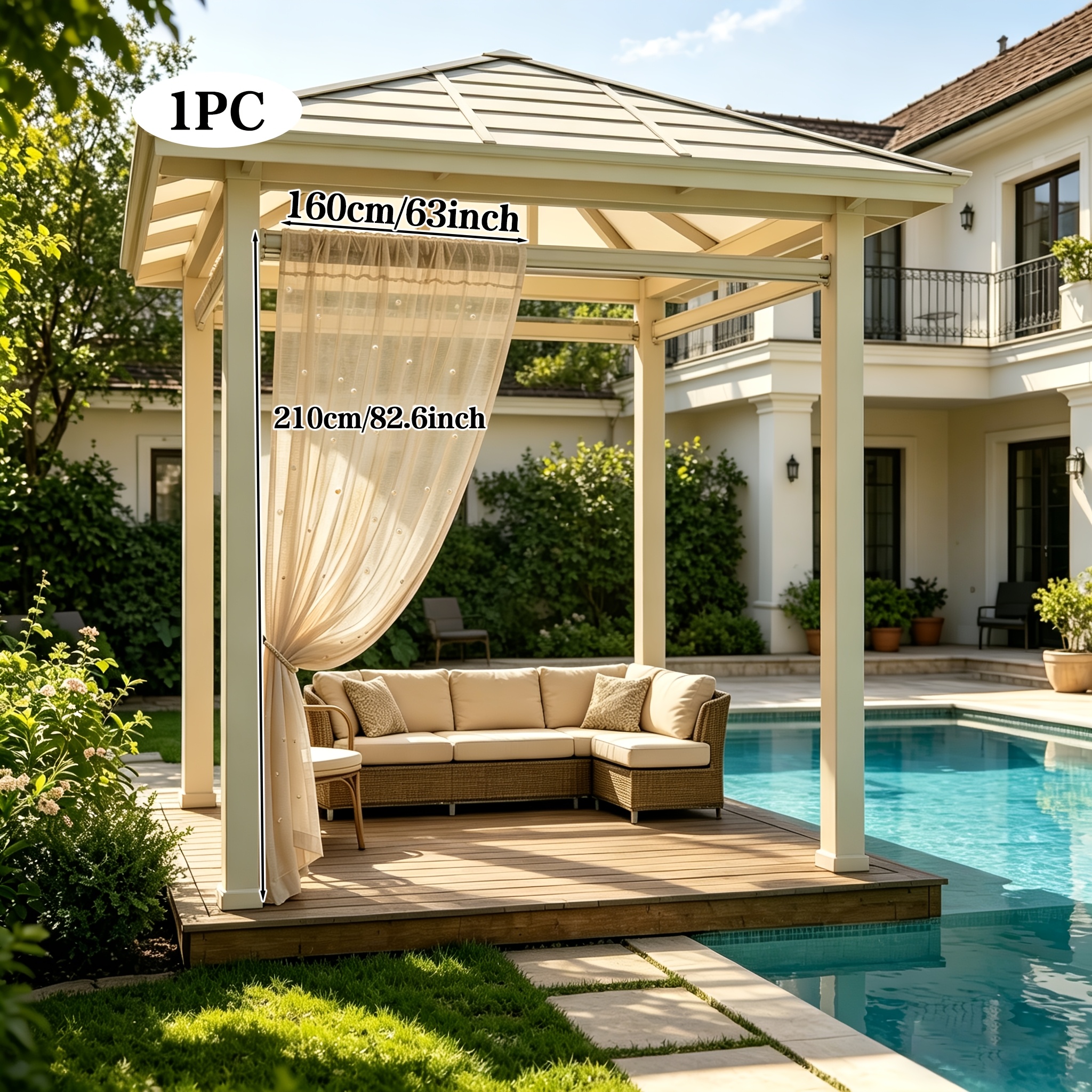TEMU 1pc Outdoor Sheer Curtain With Pearl Mesh, Rod Pocket Hanging, White Beige, For Gazebo, Patio, Garden Shed, Wedding Party Decoration Scenes