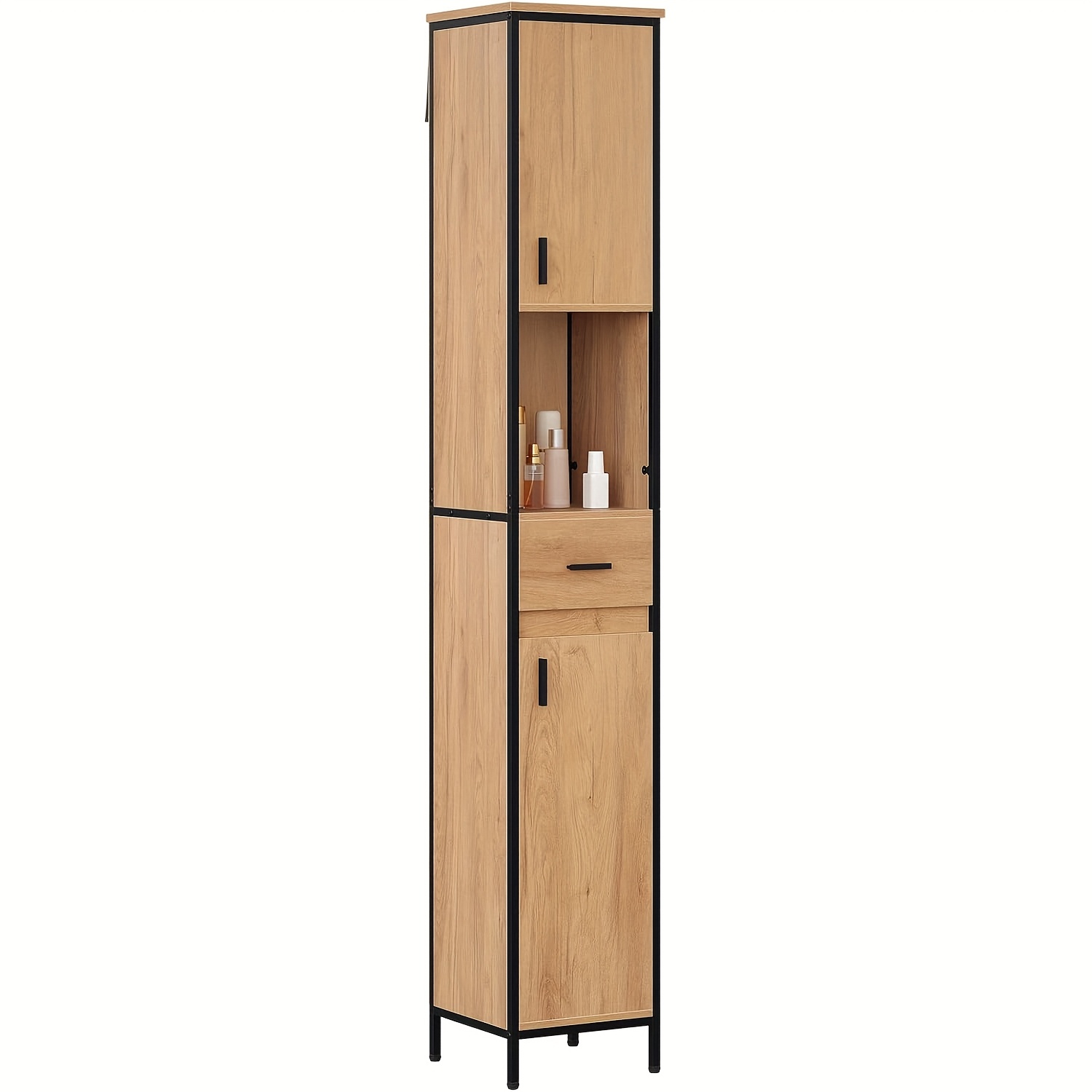 Image of 1pc Medicine Cabinet, Narrow Bathroom Cabinet, Tall Cabinet, Standing Bathroom Cabinet, With Drawer, Open Compartment, Adjustable Shelves, 30 X 180 X 30cm, Black Light Oak