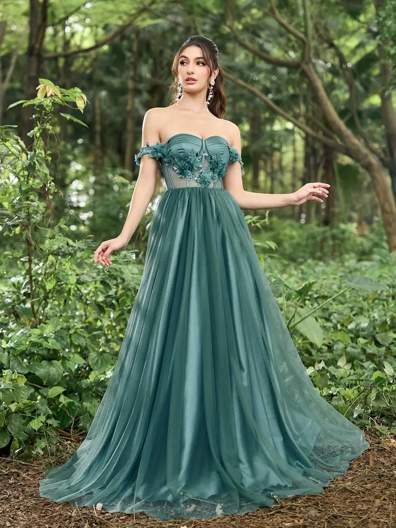 elegant shoulder emerald green gown floral embellishments - Temu Mauritius elegant shoulder emerald green gown floral embellishments - Temu Mauritius
