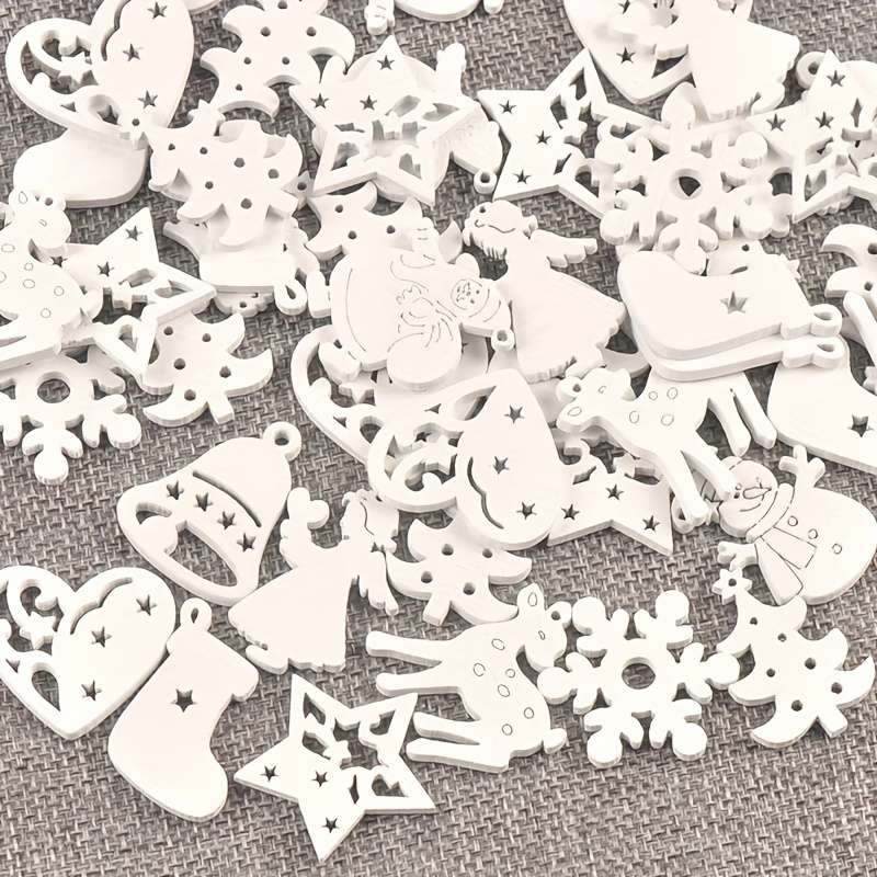 

50pcs, White Wooden Pendants Holiday Pendants Snowflake Wooden Crafts Diy Accessories Christmas Mixed Pattern Wood Chips Home Party Decorations