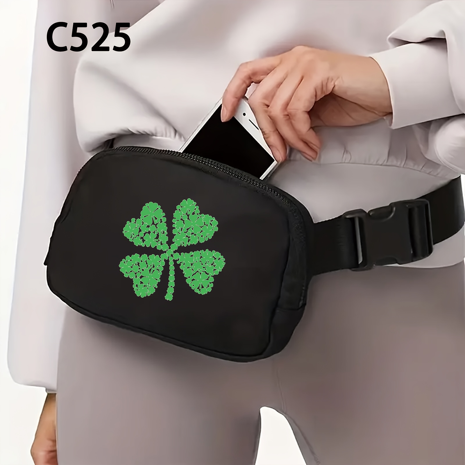 1 Black Fashionable, Easy, And Versatile Clover Pattern Print Waist Bag, Multi-functional With Adjustable Shoulder Strap, Trendy Outdoor Sports Crossbody Waist Bag